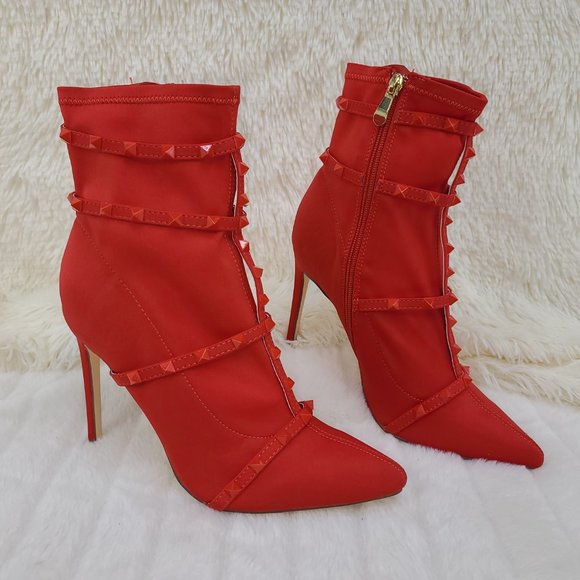 Billie by So Me  Studded 4" Ankle Bootie Red - Picture 1 of 7